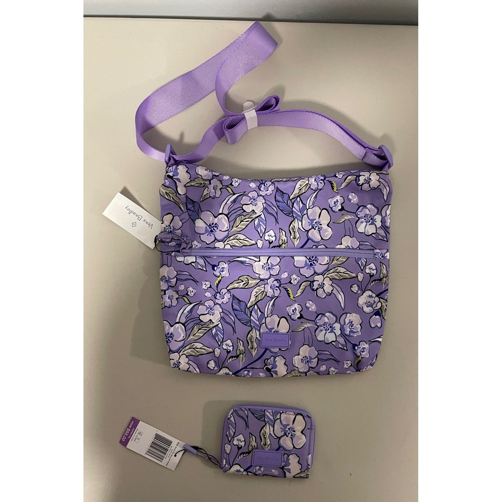 Vera Bradley Wild Roses Lavender Hipster Crossbody Bag and Matching Wallet